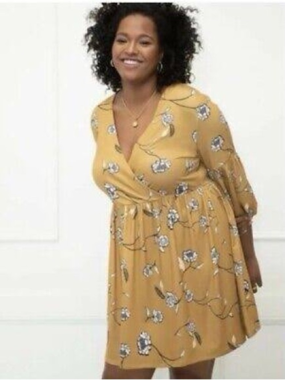 Eloquii Elements Mustard Yellow Floral Plus Size Mini Dress